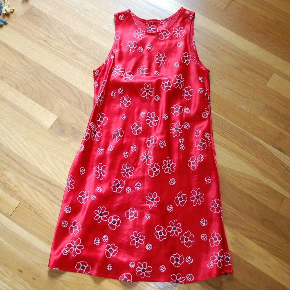 VTG 90s Cottagecore Red Floral Cotton Sun Dress USA Peasant Vacation